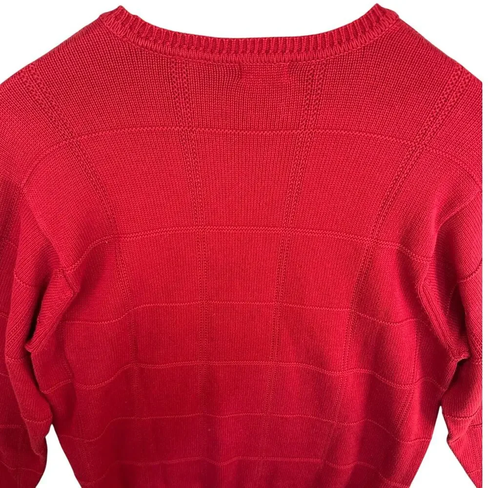 Izod Vintage Red Textured Windowpane Check Pattern Cotton Crewneck Sweater Men L